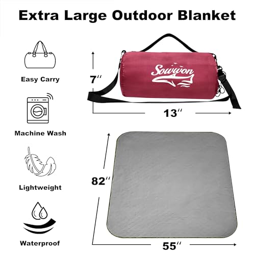 Waterproof Outdoor Blanket 82”X 55” Packable, Stadium Blankets for Camping with Quilted Fleece Lining, Large Windproof Emergency Throw Mat for Garss Picnic Hiking Road Trip, Machine Washable, Wine - color: Fleece Wine-300 Gsm, size: 82"x 55"