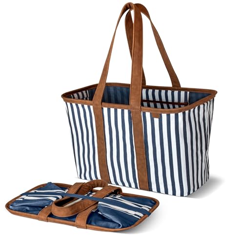 CleverMade Collapsible LUXE Tote, 30L Foldable Grocery Shopping Bag, Reusable - color: Navy Stripe
