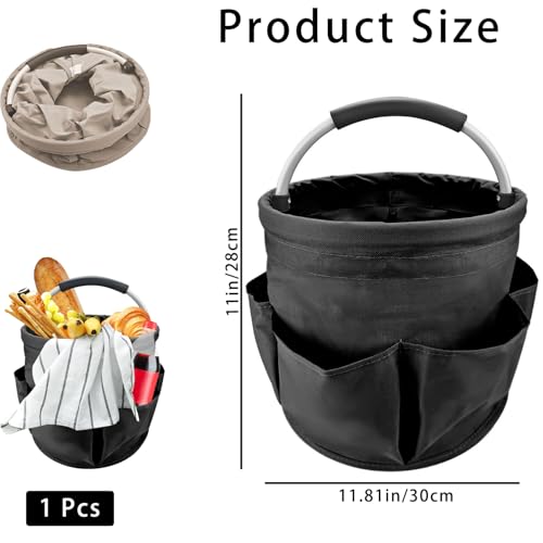 17L Collapsible Picnic Basket with 6 Pockets, Portable & Reusable Handheld Basket for Outdoor, Camping, Picnics, Shopping, Travel, and Storage (Black)