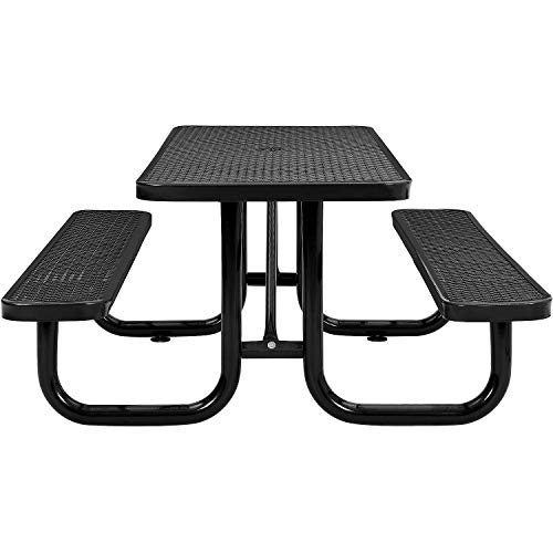 Global Industrial 6’L Rectangular Picnic Table, Expanded Metal, Black Thermoplastic Coating, Attached Benches, 1-1/2” Umbrella Pole Hole, Outdoor-Rated, 1000 lb Capacity, 72” x 30” Tabletop - color: Black