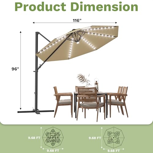 Patiowell 10 FT Patio Umbrella with Solar LED Light, Outdoor Cantilever Umbrella with 360 Degree Rotation, Outside Large Round Sun Umbrella with Frame for Backyard Garden Poolside, Brown - color: Brown with Light, size: 10 FT