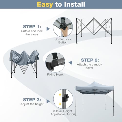 Tangkula 10x10 FT Pop Up Canopy, Instant Setup Outdoor Tent with Heavy-Duty Carbon Steel Frame, Wheeled Bag, 4 Sandbags, 8 Stake, 4 Ropes, Portable Canopy Tent for Parties Events Camping (Gray) - color: Gray