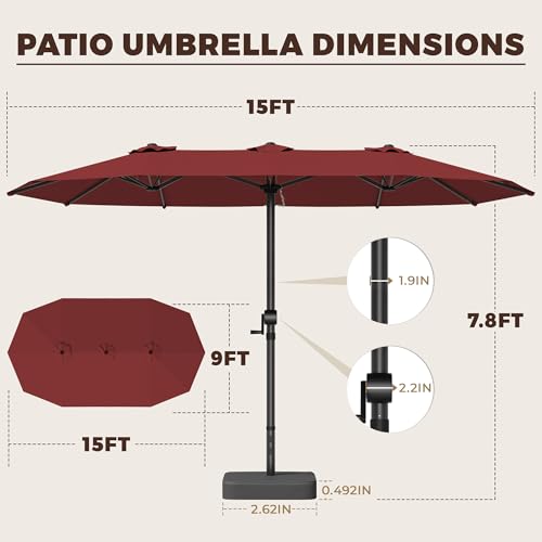 GDPFN 15FT Large Patio Umbrella with Base Included, Outdoor Deck Standing Umbrella with Crank Handle, Double-Side Rectangular Pool Umbrella for Outside, Market, Patio, Burgundy - color: Burgundy, size: With Base-no Led