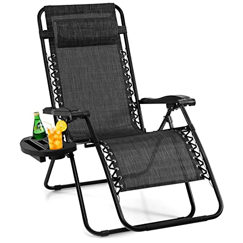 Giantex Zero Gravity Reclining Chair, Outdoor Patio Recliner with Cup Holder & Removable Pillow, Adjustable Backrest, Indoor Lounge Chair for Backyard, Garden, Poolside (Gray) - color: Grey, size: 1 Count (Pack of 1)