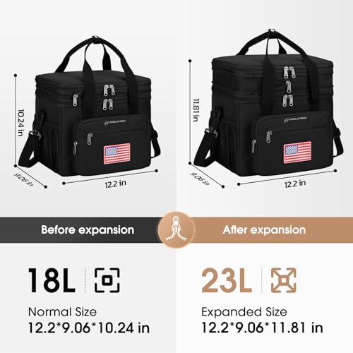 Maelstrom Lunch Box, 23L Insulated Lunch Bag, Expandable Double Deck Cooler Bag, Lightweight Leakproof Tote Bag With Side Tissue Pocket, Suit For Men and Women (F Black with DIY Hook-and-Loop) - color: F Black with DIY Hook-and-Loop