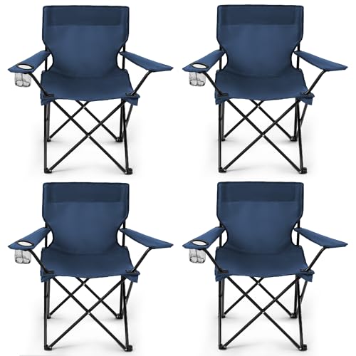 4 Pack Folding Camping Chairs for Adults, Foldable Portable Beach Chairs with Carry Bag & Cup Holder, Compact Design for Camping, Beach, Picnics, and Fishing Supports 300LBS（Navy） - color: Navy, size: 4pcs