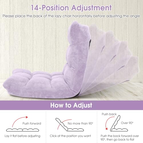 Giantex Floor Chair with Back Support, 14 Adjustable Position, Padded Sleeper Bed, Couch Recliner, Folding Gaming Floor Chairs for Adults, Living Room, Bedroom, Yoga, Meditation, Light Purple - color: Light Purple, size: 26.5"x22.5"x22"