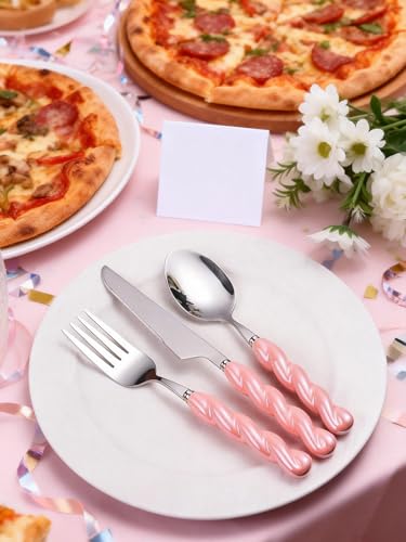 Stainless Steel Flatware Set, 4-Piece Heavy Duty Cutlery Set with Dinner Knife, Fork & Spoons, Tableware Gift for Daily Use Wedding Housewarming Baby Shower Birthday Gifts(Pink) - color: Pink