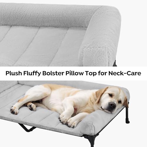 Veehoo Orthopedic Elevated Dog Bed with Fluffy Plush Bolster Cushion, Indoor Raised Dog Beds for Large Dogs, Soft Pet Sofa Cot with Removable Washable Mat, No-Slip Feet, 49 x 33 inches, Grey - color: Grey, size: 49.0"L x 33.0"W x 9.0"Th