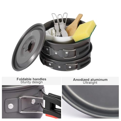 REDCAMP 6/10/11/12/14/15/19 PCS Camping Cookware Mess Kit Camping Gear Campfire Utensils Lightweight Stackable Pot Pan Bowls Soup Spoon with Storage Bag for Camping, Backpacking, Outdoor Cooking - style: Black,19 Pcs