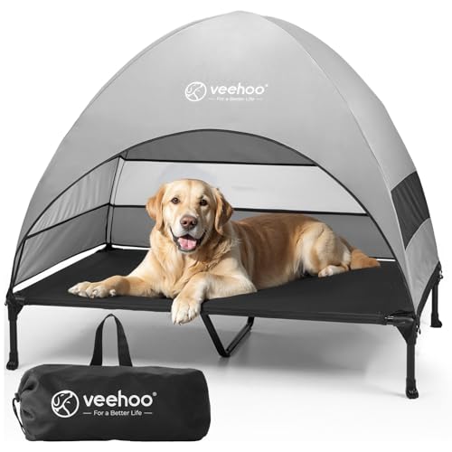 Veehoo Outdoor Dog Bed with Canopy, Cooling Elevated Pet Cot with Removable Shade, Non-Slip Feet, Raised Dog Cot for Large Dogs, Pet Tent Bed for Camping, Beach, XLarge, Black + Grey, CWC2411 - color: Black, size: 49.0"L x 33.0"W x 42.5"Th