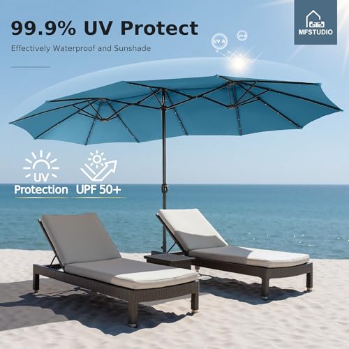 MFSTUDIO 15ft Double Sided Patio Umbrella with Solar Lights, Outdoor Large Umbrellas with Crank Handle and 36 LED Lights, Rectangular Market Umbrella with Base Included for Deck Pool Shade, Cerulean - color: Cerulean