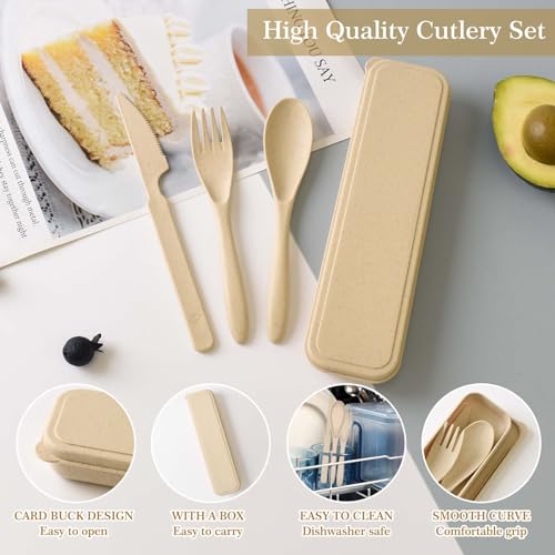 4 Pack Travel Utensil Set with Case, Reusable Spoon Knife Forks Tableware, Portable Cutlery for Adult Travel Picnic Camping or Birthday, Anniversary Use (Beige)