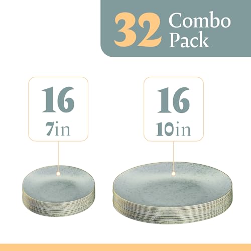 PLASTICPRO 32 Pack Elegant Disposable Plastic Plates Combo Set Includes 16 Dinner Plates and 16 Salad Plates Heavy Duty Fancy Party Plates Green Granite Plates with Gold rim - color: Granite Collection Green With Gold Rim