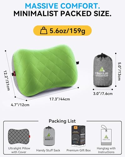 Hikenture Camping Pillow with Removable Cover - Ultralight Inflatable Pillow for Neck Lumbar Support - Upgrade Backpacking Pillow - Washable Travel Air Pillows for Camping, Hiking, Backpacking - color: Green