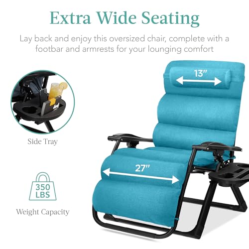 Best Choice Products Oversized Zero Gravity Chair, Folding Outdoor Patio Recliner, XL Anti Gravity Lounger w/Removable Cushion, Cup Holder, Side Tray, 350lb Capacity - Light Blue - color: Light Blue