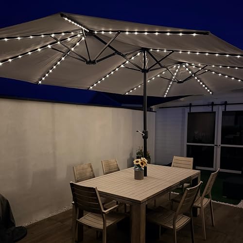 PURPLE LEAF 15ft Patio Market Umbrella with Solar LED and Base Double-Sided Rectangle Outdoor Table Sun Umbrellas with Crank for Pool Beach Deck Backyard Cream - color: Cream, size: 15' X 9' with Lights