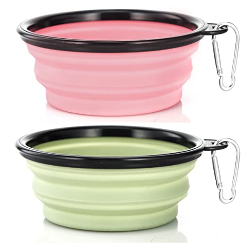 Dog Bowl Pet Collapsible Bowls, 2 Pack Collapsible Dog Water Bowls for Cats Dogs, Portable Pet Feeding Watering Dish for Walking Parking Traveling with 2 Carabiners (Small, Fairy Pink+Sprout Green) - color: Fairy Pink+Sprout Green, size: Small