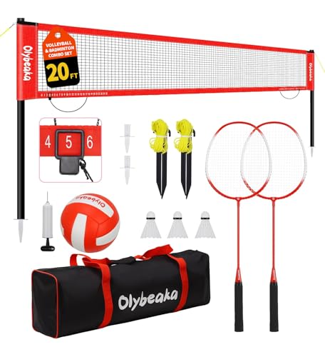 20ft Outdoor Volleyball & Badminton Combo Net Set for Backyard Beach with Adjustable Poles, Durable Anti-Sag Net, PU Volleyball, 2 Aluminum Rackets - color: Red
