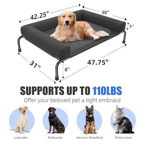 Simple Trending Elevated Dog Bed for Large Dogs, Cooling Raised Dog Cot with Bolsters, Breathable Pet Bed for Outdoor, 47.75" x 31", Black - color: Black