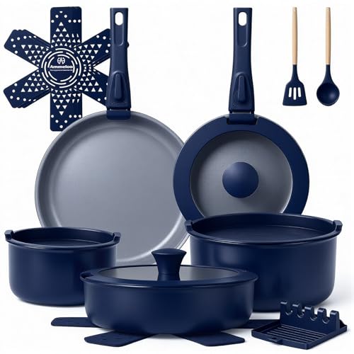 Ammeloo 18-Piece Ceramic Pots and Pans Set Non Stick, Non Toxic Cookware Set with Removable Handles, Pot Sets for Cooking, Induction Ready, Dishwasher & Oven Safe, PFAS PFOA & PTFE Free (Navy Blue) - color: Navy Blue
