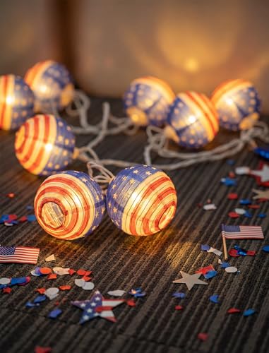 8.5Ft American Flag Lanterns String Lights Outdoor, 4th of July Decorations with 10 Nylon Mini Lanterns, Connectable Plug-in Red White Blue Lights for Independence Day Memorial Patriotic Party - color: Blue Lantern