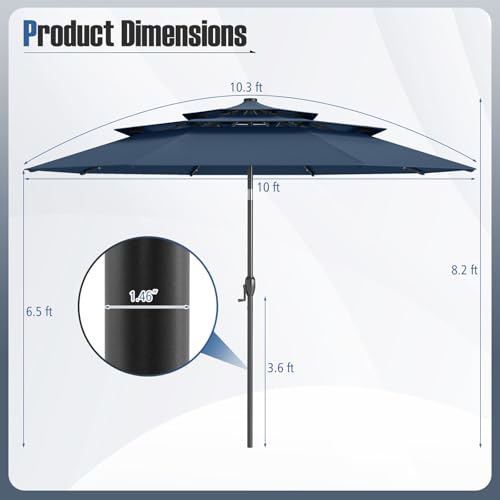 Tangkula 10 FT Solar LED Patio Umbrella, 3-Tier Vented Outdoor Market Table Umbrella with 32 LED Lights, Tilt Adjustment, Crank Handle, 8 Ribs for Backyard Pool Deck (Navy) - color: Navy