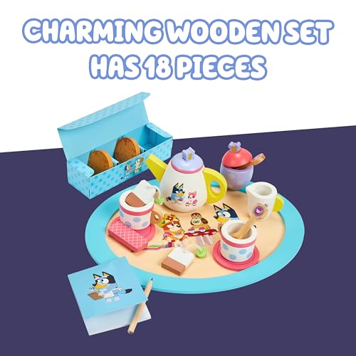 8th Wonder Bluey Toys Wooden Tea Party Set, 18-Piece Durable Toy Tea Set with Tray, Teapot, Teaspoons, and More, Pretend Play for Toddlers of Ages 3+ - style: Tea Party Set