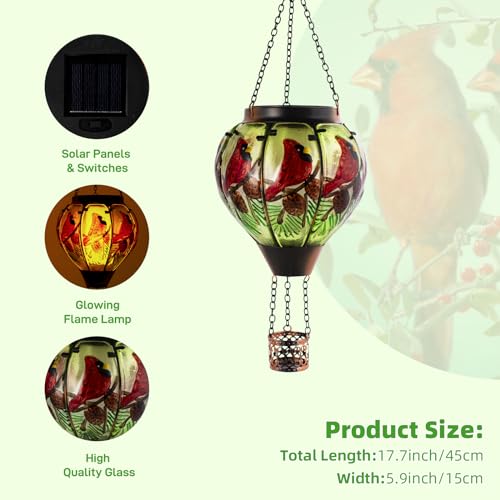 Cardinal Solar Hot Air Balloon Lantern with Flame, Glass Balloon Solar Lantern Outdoor Waterproof, Hanging Hot Air Balloon Solar Light, Cardinal Gifts for Mom Woman Christmas - color: Red