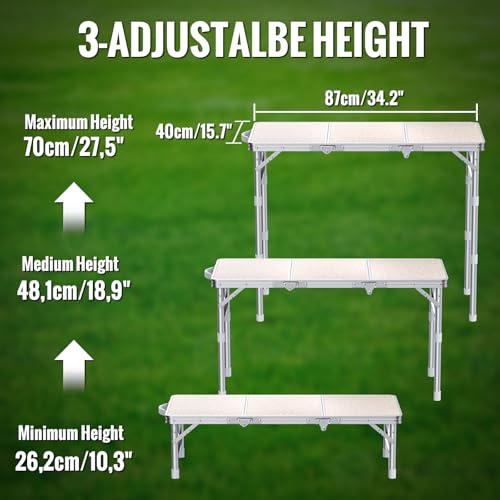 GARLLEN Folding Camping Table, 3-Height Adjustable Portable Folding Camping Table with Storage Bag, Lightweight Picnic Aluminum Table for Camping, BBQ, Outdoor, 34.2" L x 15.7" W, Silver - color: Silver, size: Tabletop Size: 34.2"l X 15.7"w