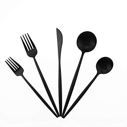 Matte Balck Silverware Set,Gugrida 5-Piece 18/10 Stainless Steel Satin Finish Flatware Set,Kitchen Utensil Set,Tableware Travel Cutlery Set for Camping Office or School Lunch, Dishwasher Safe - color: Black, size: Service for 1