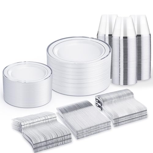 WELLIFE 450 PCS Silver Disposable Dinnerware Set for 75 Guests, Wedding Plates Silver Plastic Plates for Party, Including 75 Dinner Salad Plates, Cups, Forks Knives Spoons for Wedding and Party - color: Silver, size: 75 Guests