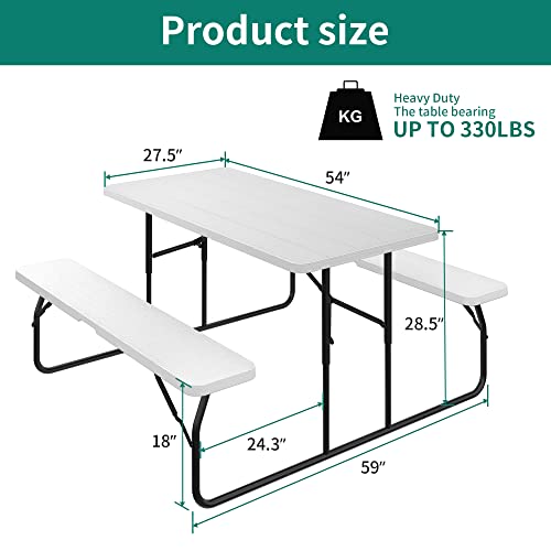 YITAHOME Folding Picnic Table w/Easy Assembly Steel Frame & Wood Like Tabletop, All Weather Folding Picnic Tables with Benches Ideal for Yard Patio Lawn Party, White - color: White