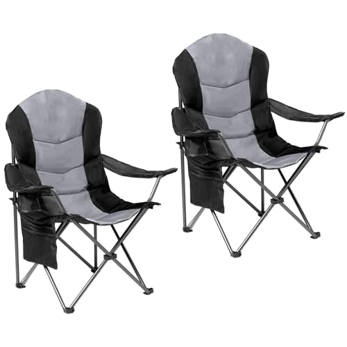 2 Pack Folding Camping Chairs for Adults - High Back Padded Outdoor Lawn Chairs with Lumbar Support & Cup Holder, 400lbs Heavy Duty Portable Camping Chairs Set (Black & Light Gray) - color: Black & Light Gray, size: 2 PCS