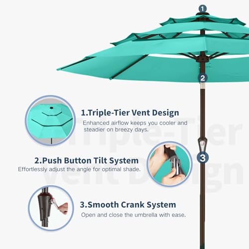 10FT Patio Umbrella 3 Tiers Outdoor Market Umbrella w/Push Button Tilt, Crank, UV and Waterproof Table Umbrella for Garden, Pool, Backyard, Deck, Lawn, Turquoise Blue - color: Turquoise Blue