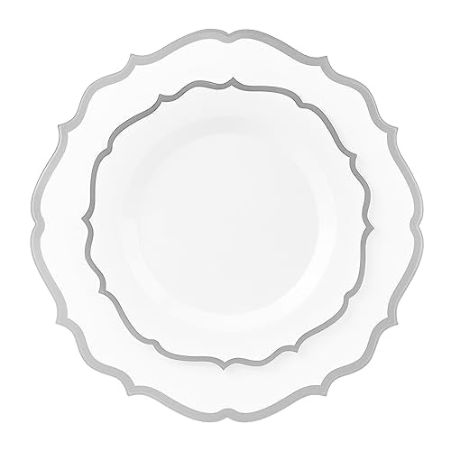 PLASTICPRO 32 Pack Elegant Disposable Plastic Plates Combo Set Includes 16 Dinner Plates and 16 Salad Plates Heavy Duty Fancy Party Plates White & Silver Contemporary Design - color: White & Silver Contemporary