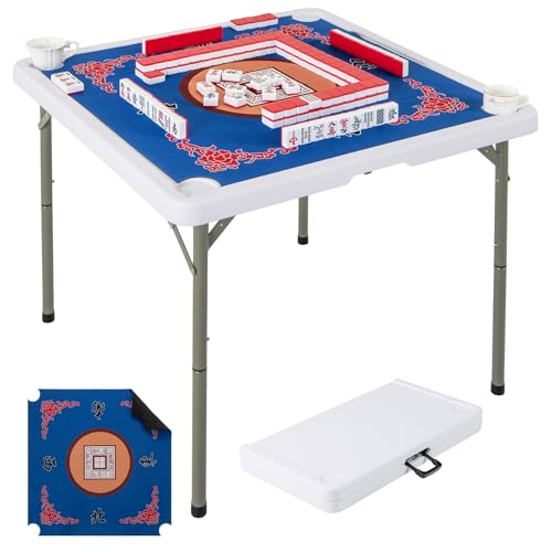 Goplus Mahjong Table, 35" Square Folding Card Table w/4Cup Holders, Anti Slip Mat, HDPE Tabletop, Metal Legs, Portable Mahjong Game Table for Domino Game, Picnic (Table w/Removable Mat, Blue) - style: Blue, Table w/Removable Mat