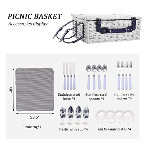 Picnic Basket for 4 Persons with Waterproof Picnic Blanket and Insulated Cooler, Large Wicker Picnic Basket for Camping, Outdoors, Valentine's Day, Christmas, Birthday, Wedding Gift - color: White Basket