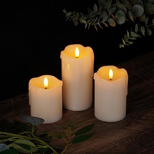 Homemory Dripping Wax Flameless LED Pillar Candles, Battery Operated with Remote Control and Timer, Set of 3, 5" H x 4" W x 6" D - color: Ivory Wax, size: D3"H4"5"6"