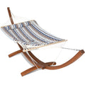 ANOW 13.5FT Curved Wood Stand with Double Hammock, Heavy Duty Larch Wood Arc Stand with 2 Chains, 4 Balance Ropes and 4 Carabiners, Includes Blue Seaside Rope Hammock with Spreader Bars - color: Blue Seaside