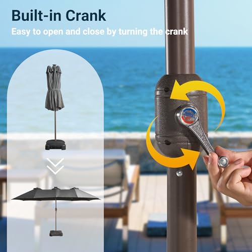 HOOOWOOO Outdoor Patio Umbrella With Solar Light,15 Ft Large Beach Umbrella,UV Protection Picnic Market Parasol Sunshade W Base Crank Handle For Backyard Deck Pool Shade - color: Charcoal Gray
