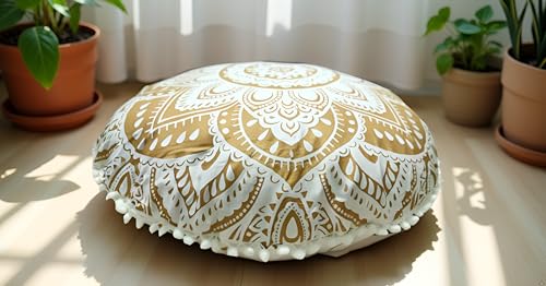 Craft Kala Large Round Bohemian Floor Pillow Cover Boho Pouf Cover Mandala Meditation Room Pillows Cover Adults Seating Poufs Cushion Cover for Kids Reading Playroom White Gold Flower 32 Inch