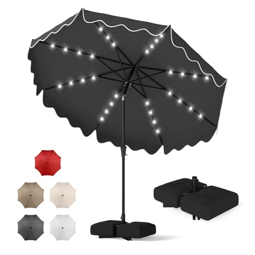 Tangkula 10 FT Solar Patio Umbrella with Base Included, 2-Tiers Outdoor Scalloped Table Umbrella with 32 LED Lights, 2 Sandbags, Tilt Adjustment, Crank, 8 Ribs for Market Backyard Pool Deck Beach Lawn (Gray, 10 FT) - color: Gray, size: 10 FT