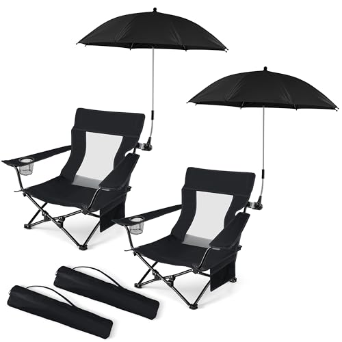 HaSteeL Low Beach Chair Set of 2, Foldable Black Camping Chair with Adjustable Umbrella Set for Adults, Lightweight Portable Lawn Chairs for Fishing, Picnic, Outdoor BBQ, Travel, Sports - color: Black Chairs + Black Umbrella