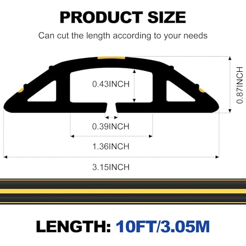 10Ft Cord Covers for Wires on Floor, 3-Channel Heavy Duty Floor Cord Cover with Anti-Slip Base & Yellow Warning Strips, Extension Cord Covers for Floor, Ideal for Home, Office, Outdoor Use - size: 10ft