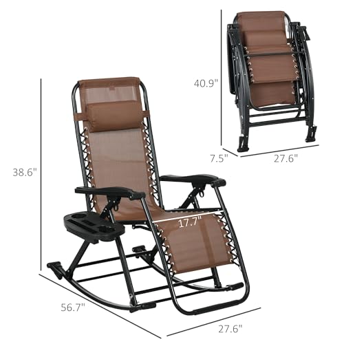 Outsunny Set of 2 Outdoor Rocking Chairs, Foldable Reclining Zero Gravity Lounge Rocker with Pillow, Cup & Phone Holder, Combo Design with Folding Legs, Brown - color: Brown, size: 2 Packs