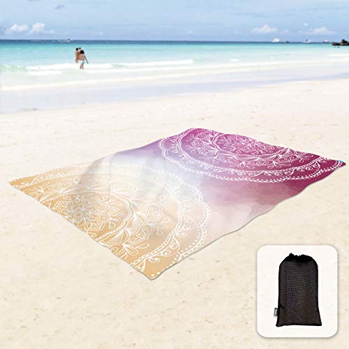 Sunlit Silky Soft Sand Proof Beach Blanket 106"x81" / 85"x72" Sand Proof Mat with Corner Pockets and Mesh Bag for Beach Party, Travel, Camping and Outdoor Music Festival, Mandala - color: Maroon Orange, size: 85"x72"