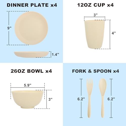 Kitchen Wheat Straw Dinnerware Sets for 4, Unbreakable Kids Dish Set 20 PCS - Dinner Plate/Cereal Bowl/Cup/Fork/Spoon, for Outdoor Camping, RV, Apartment Essentials - Beige - color: Beige, size: 20 PCS