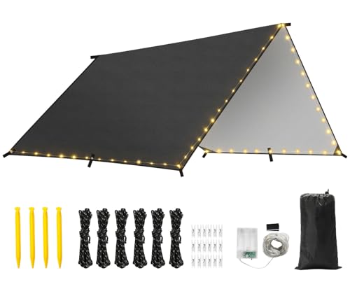 Rhino Valley Waterproof Tent Tarp, 9.8 × 9.8 Ft Large Outdoor Shelter Cover with Light Strings, Lightweight Portable Tarp Shelter Rain Tarp Camping Canopy for Hiking Traveling Backpacking - color: Black