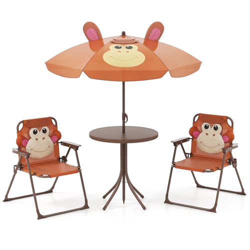 KOTEK Kids Picnic Table with Umbrella, Outdoor Table & 2 Folding Chairs, Cute Pattern Children’s Patio Furniture, Portable Kids Table and Chair Set for Backyard, Garden, Beach (Brown) - color: Brown Monkey